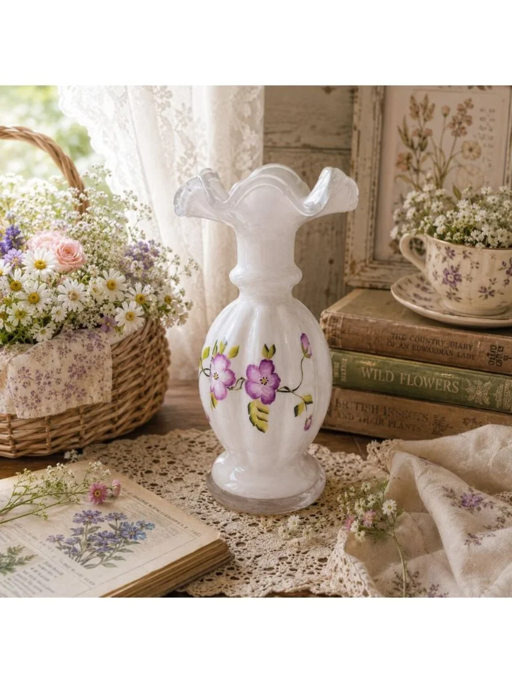 Romantic White Glass Bud Vase Hand Painted VTG Purple Floral Ruffle Rim 8.5” - Picture 3 of 16